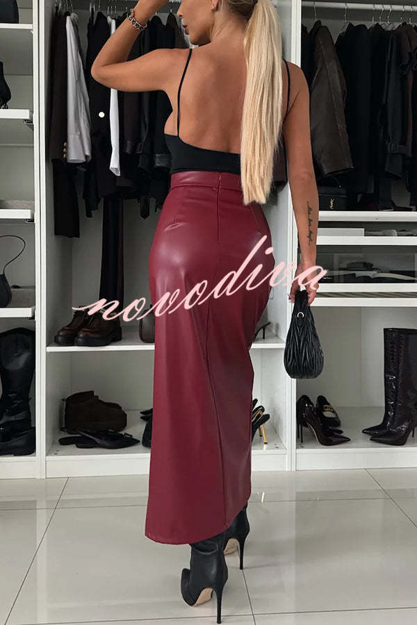 Excellent Partner Faux Leather High Rise Front Slit Stretch Midi Skirt