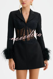 GIA Lace Corset Waist Feather Sleeve Structured Lapel Blazer Mini Dress