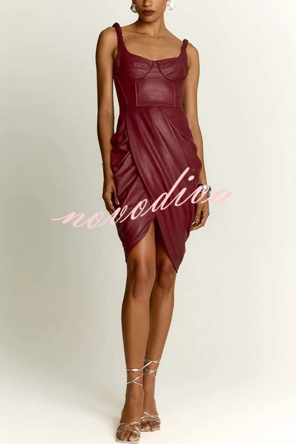 Fashion Choice Faux Leather Corset Ruched Back Zipper Mini Dress