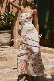 Daje Linen Blend Unique Print Round Hollow Trim Tie-up Bust Slip Maxi Dress