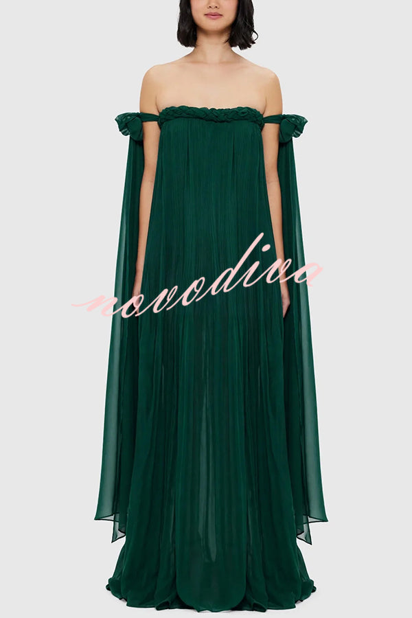 Fairy Spirit Tulle Braided Neckline Tie Arm Straps Pleated Maxi Dress