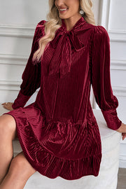 Vintage Velvet Bow Tie Neck Long Sleeve Loose Mini Dress