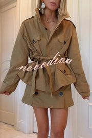Chic Comfort Epaulettes Contrast Buttons Pocket Belt Cropped Trench Coat