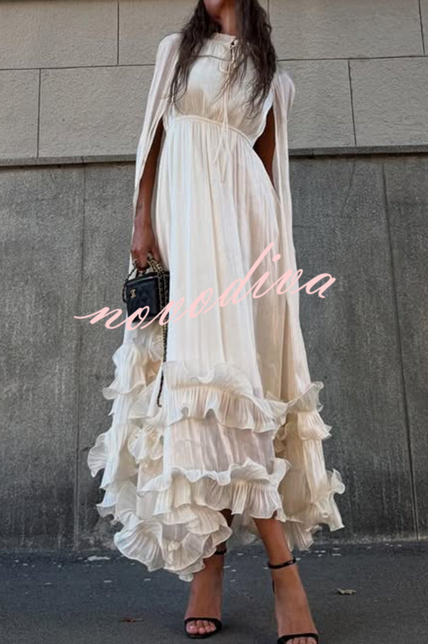 Fashionable V-neck Lace-up Ruffled Double-layer Hem Maxi Dress