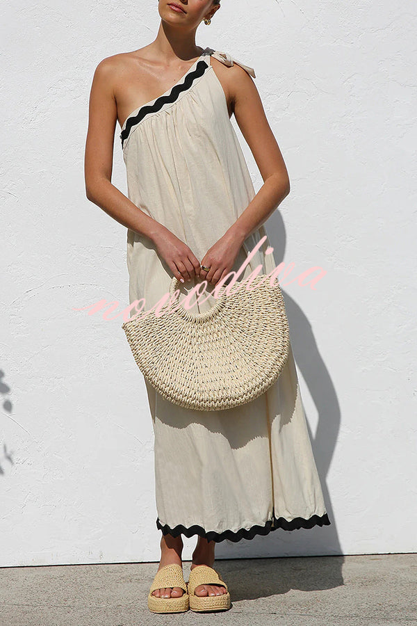 Linen Blend One Shoulder Tie Resort Maxi Dress