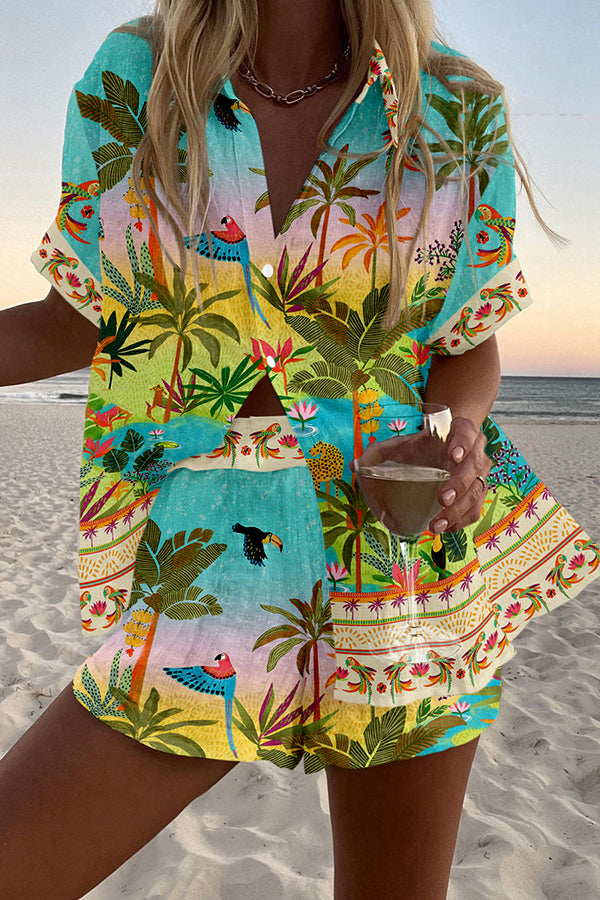 Tropical Rainforest Print Loose Buttoned Elastic Waist Shorts Set