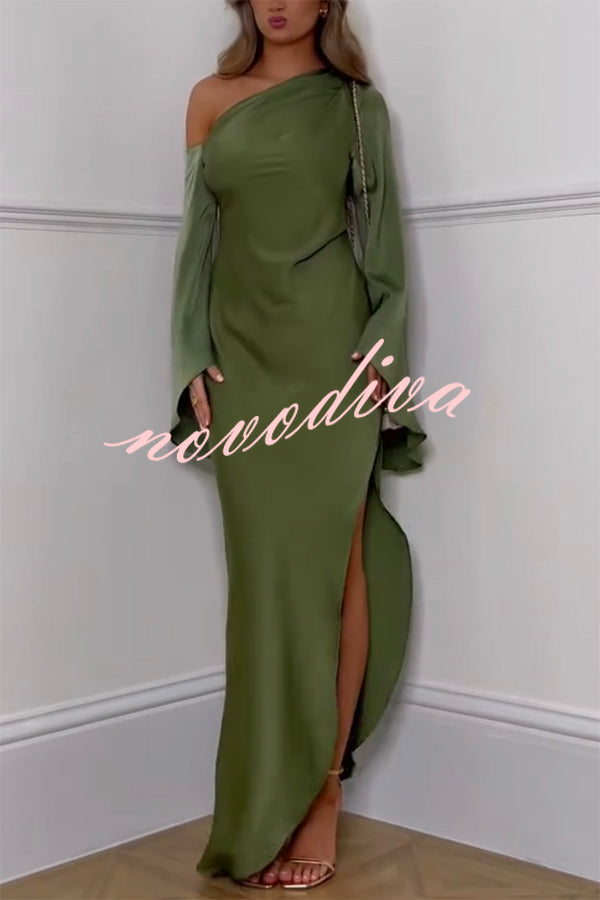 Zayla Satin Asymmetrical One Shoulder Bell Sleeve Slit Maxi Dress