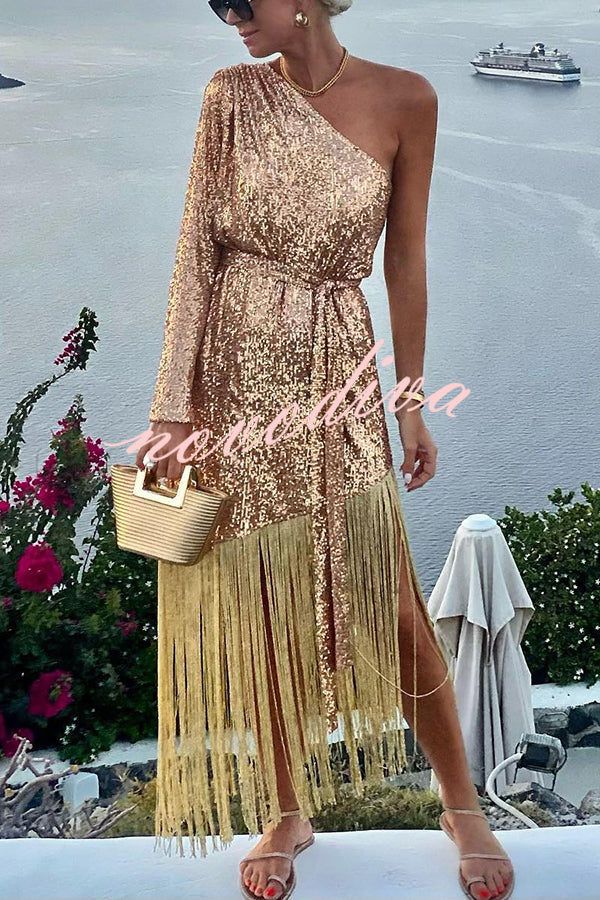 For The Love Gold Sequin One Shoulder Belted Fringes Midi Dress