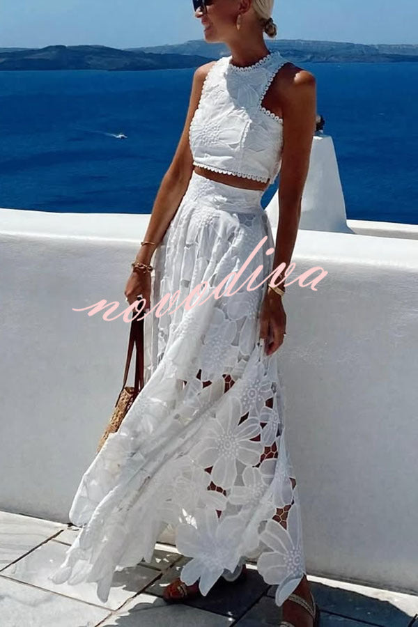 Next Trip Floral Embroidery Crochet Lace Crop Tank Top