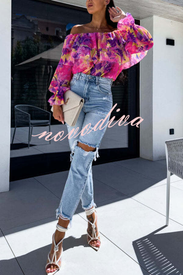 Colorful Botanical Print Sexy Off-shoulder Ruffle Top