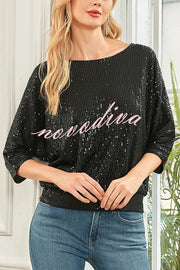 Solid Color Sequined Loose Round Neck Casual Top