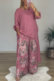 Linen Blend Crew Neck Long Sleeve Irregular Loose Top and Elastic Waist Floral Print Casual Pocket Set