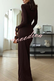 Luxe Silhouette High Neck Shoulder Pads Drape Stretch Maxi Dress