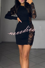 Cocktails First Floral Sequin Bead Patchwork Long Sleeve Mini Dress