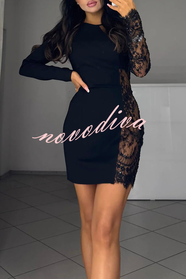 Cocktails First Floral Sequin Bead Patchwork Long Sleeve Mini Dress