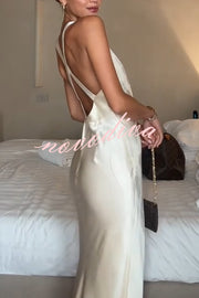 Modern Day Glam Satin Lace Trim V-neck Cross Back Maxi Dress