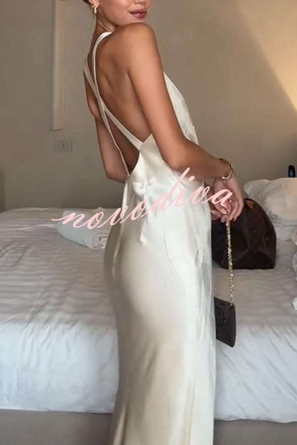 Modern Day Glam Satin Lace Trim V-neck Cross Back Maxi Dress