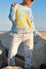 Letter Pattern Crew Neck Long Sleeve Loose Knit Sweater
