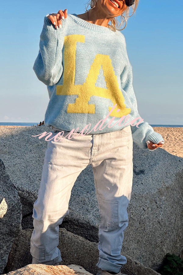 Letter Pattern Crew Neck Long Sleeve Loose Knit Sweater