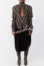 Vintage Plaid Shoulder Pad Buttons Long Sleeve Angled Hem Shirt