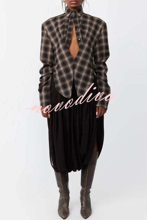 Vintage Plaid Shoulder Pad Buttons Long Sleeve Angled Hem Shirt