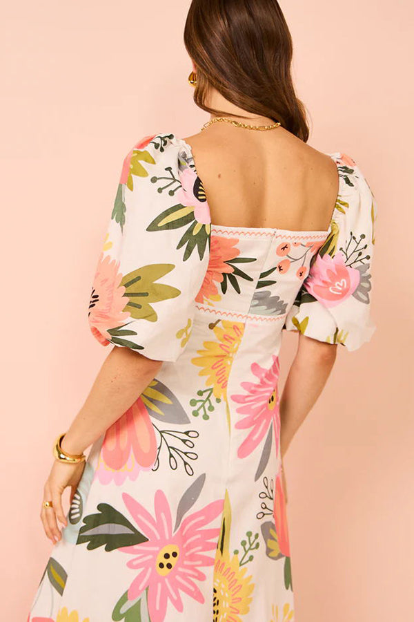 Looking for Sunshine Floral Print Square Neck Bubble Sleeve Maxi Dress