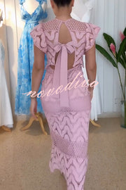 Elouise Wave Dot Embroidery Lace Back Tie-up Top and Elastic Waist Maxi Skirt Set