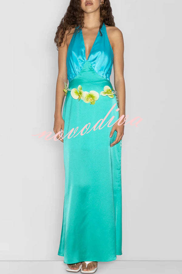 Like A Gem Satin Colorblock Halter Backless Party Maxi Dress