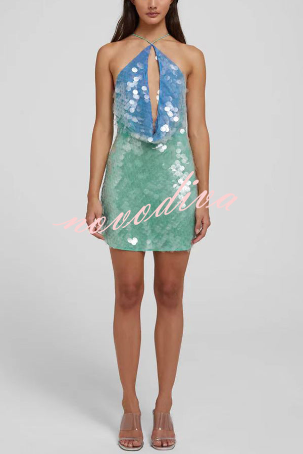 Fashion Sexy Sequined Backless Halter Neck Slim Fit Mini Dress