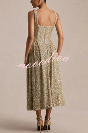Effortless Sparkle Sequin Square Neck Wide Strap A-Line Midi Dress