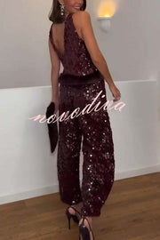 Gala Goddess Sequin High Rise Zipper Waist Wide Leg Pants