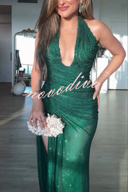 Edeita Sequin Pleated Design Deep Halter U-neck Slit Drape Gown Maxi Dress