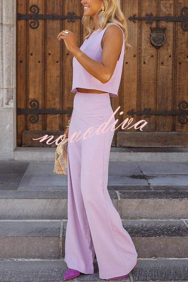 Modern and Elegant Solid Crop Tank and High Rise Flare Loose Pants Set