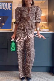 Kiana Leopard Print Peplum Tie Puff Sleeve Shirt and Elastic Waist Pocketed Loose Pants Set