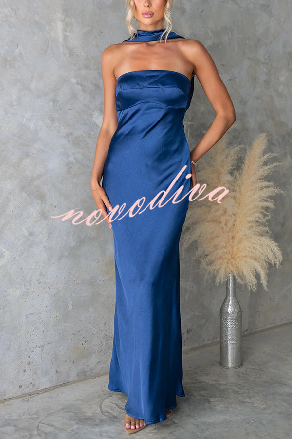 Satin Elegant Off-the-shoulder Backless Maxi Dress