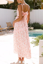 Floral Print V-Neck Sleeveless Back Tie Pocket Maxi Dress