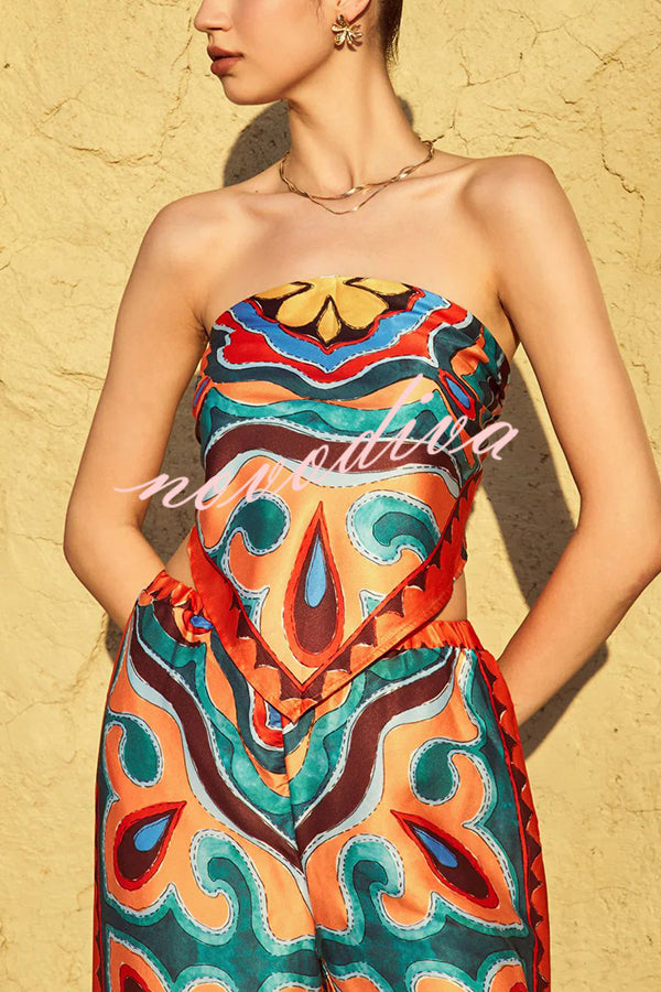 Ethnic Style Unique Print Tube Top and Elastic Waist Casual Pocket Wide Leg Pants Set