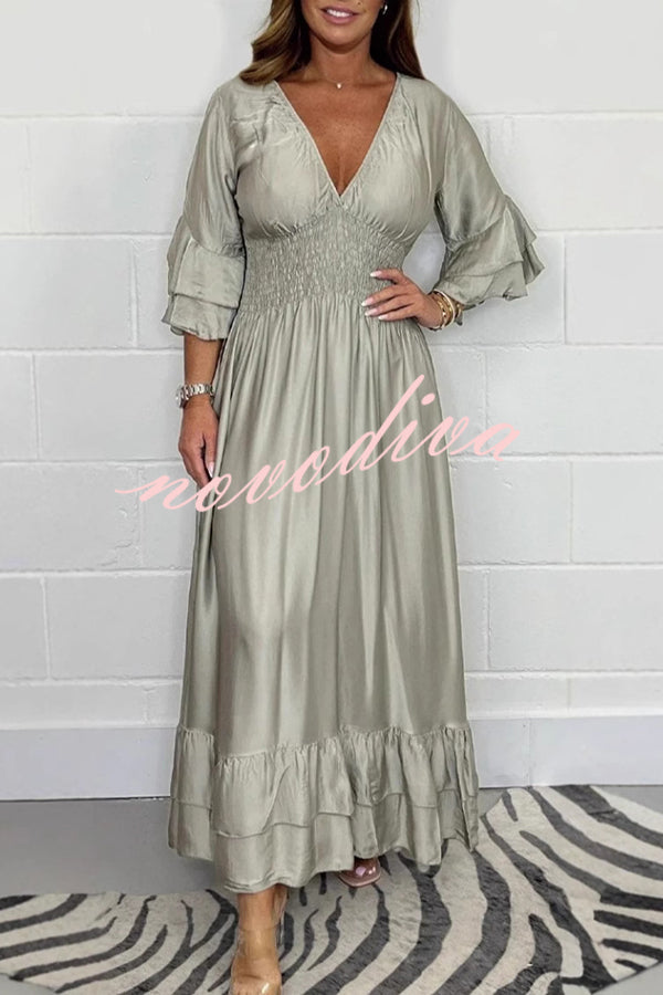 Solid Satin V-Neck Ruffle Sleeve Pleated Waist Maxi Dress