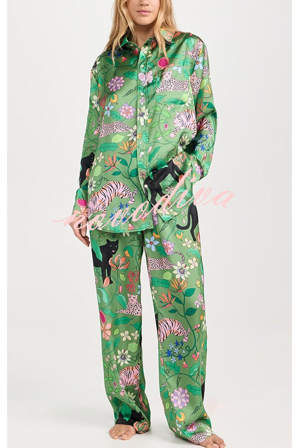 Quiet Jungle Satin Unique Print Long Sleeve Shirt and Elastic Waist Pocket Lounge Pants Set