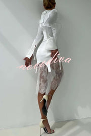 Melissa Satin High Neck Long Sleeve Curved Hem Top and Lace Midi Skirt Set