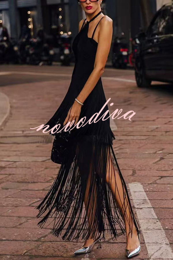 Sexy Halterneck Open Back Elegant Tassel Slim Maxi Dress