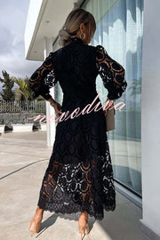 Romantic, Sensual and Elegant Crochet Lace Lantern Sleeve Party Midi Dress