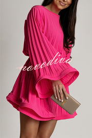 Fashion Bell Sleeve Loose Waist Tie Pleated Mini Dress