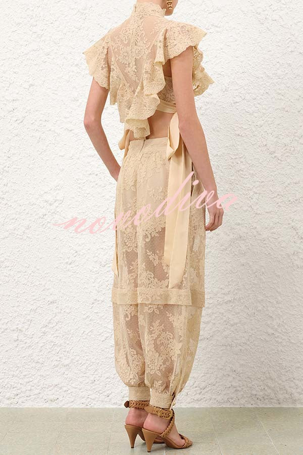 Ellie Lace Gathered Waist Pocket Button Ankle Cuffs Harem Pant