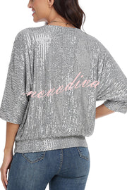 Solid Color Sequined Loose Round Neck Casual Top