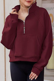 Stylish Patchwork Stand Collar Zippered Loose Pocket Sweatshirt