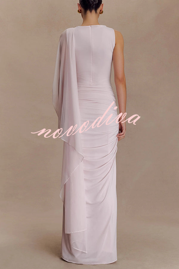 Fashionable Mesh Shawl Sleeveless Slim Fit Pleated Maxi Dress