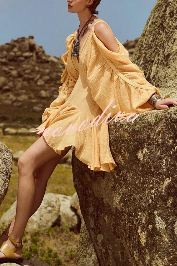 Anita Cold Shoulder Ruched Balloon Sleeve Pleated Hem Loose Mini Dress