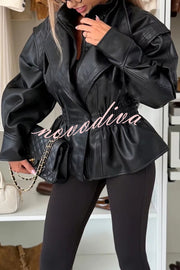 Play It Cool Faux Leather Single Button Elastic Waist Lapel Moto Jacket