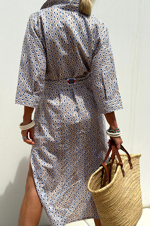 Summer Splendor Printed Button Half Sleeve Belt Loose Shirt Midi Dress